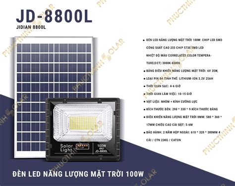 Đèn pha năng lượng mặt trời 100W JinDian JD 8800L Phúc Thịnh Solar