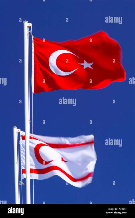 Flags Of Turkey And The Turkish Republic Of Northern Cyprus Stock Photo