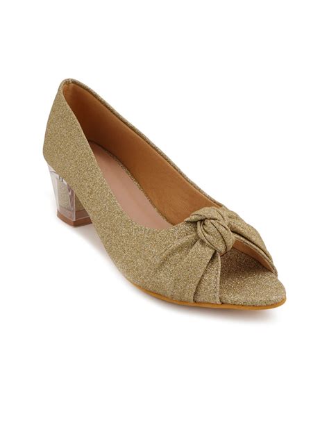 Buy Scentra Gold Toned Block Peep Toes With Bows Heels For Women 20886874 Myntra