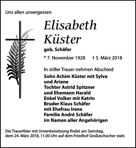 Traueranzeigen Von Elisabeth K Ster Trauer Anzeigen De