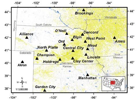 Map of the Western U.S. Corn-Belt. States are named and their ...