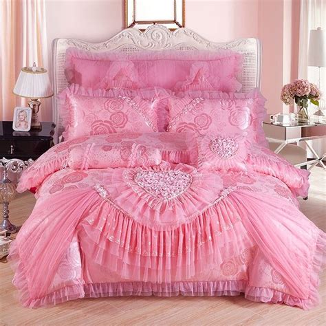 Pisoshare Luxury Princess Wedding Bedding Set King Queen Size Pink Red