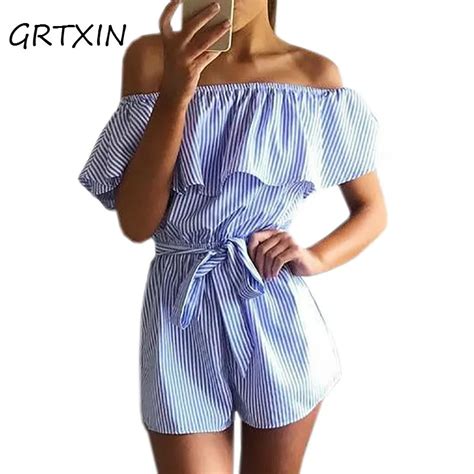 Ruffles Slash Neck Beach Playsuits Summer Women Striped Jumpsuits Girls