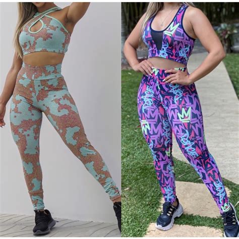 KIT 2 Conjuntos De Academia Fitness Feminino Legging E Top Cropped No