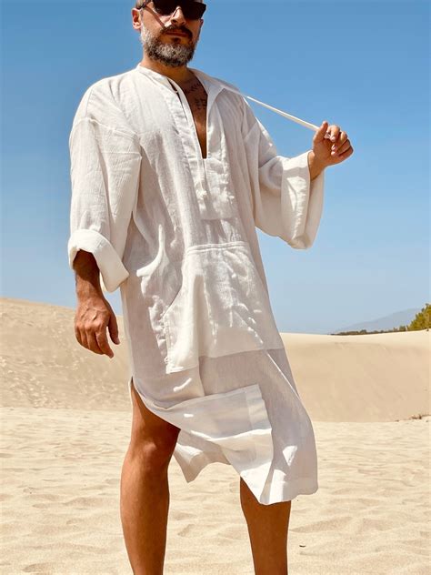 Mens White Caftan Cotton Gauze Kaftan For Men Mid Calf Caftan Pool Party Loose Caftan Plus