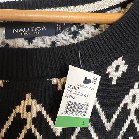 Nwt Men S Nautica Crew Neck Sweater Diamond Knit Black White Size Large