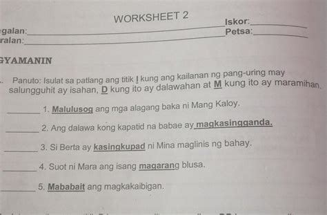 A Panuto Isulat Sa Patlang Ang Titik I Kung Ang Kailanan Ng Pang Uring