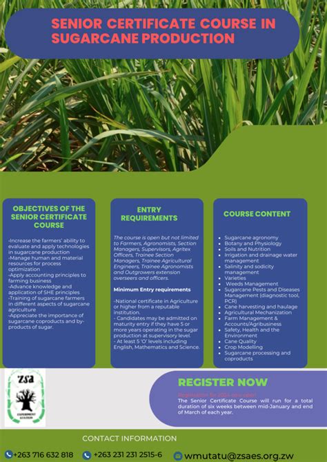 Senior Certificate Course In Sugarcane Production Zimbabwe Sugar