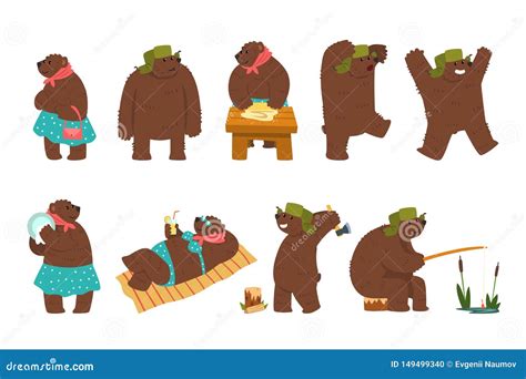 Humanized Bear Characters Set, Male and Female Brown Bears Wearing Human Clothes in Different ...