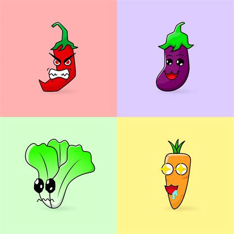 Collection Of Chili Eggplant Carrot Mustard Greens Mascot Illustration Cartoon Emoticon