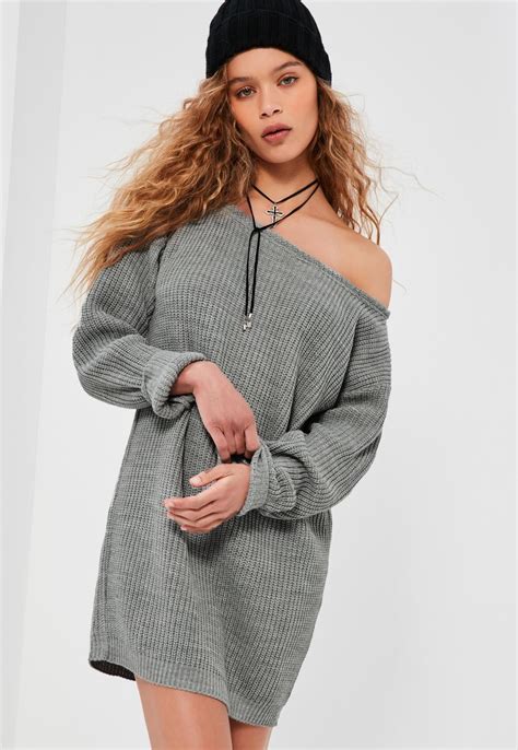 Missguided Off Shoulder Knitted Sweater Dress Grey Knitted Jumper