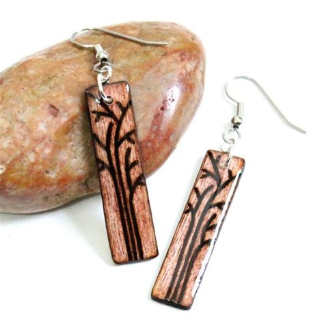 Brown Tree Wood Burned Dangle Earrings Long Rectangle Tree Etsy