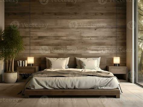 Interior design of modern bedroom with wooden bed against reclaimed ...