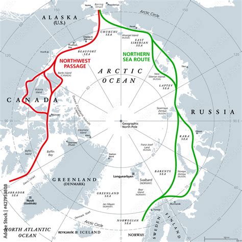 Arctic Ocean sea routes, gray political map. Arctic shipping routes ...