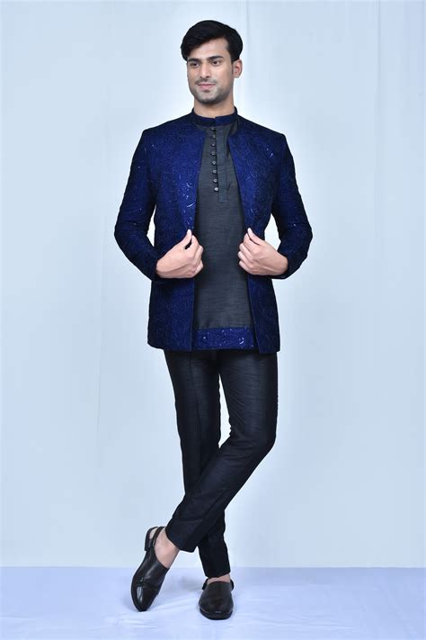 Buy Blue Kurta And Pant Art Silk Embroidery Thread Prince Coat Set