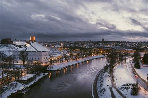 Beautiful Vilnius City Panorama In Winter With Snow Covered Houses