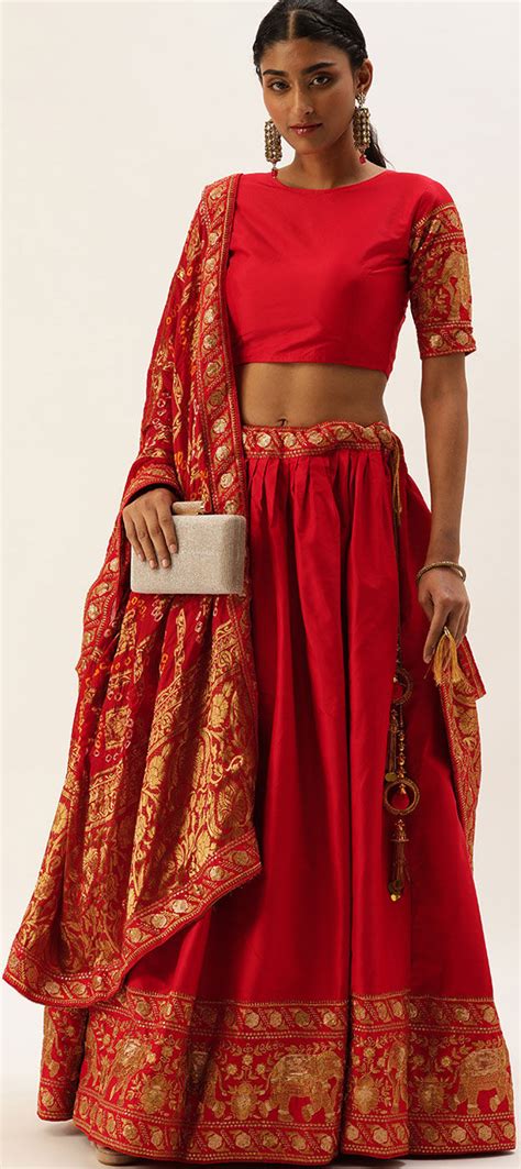 Party Wear Reception Red And Maroon Color Satin Silk Fabric Lehenga