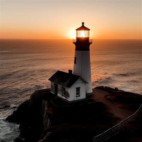 Premium AI Image A Lighthouse On A Cliff With The Sun Setting Behind It