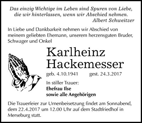 Traueranzeigen Von Karlheinz Hackemesser Abschied Nehmen De