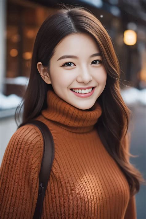 A Woman In A Brown Turtle Neck Sweater Smiles While Standing On A Street Seaart Ai