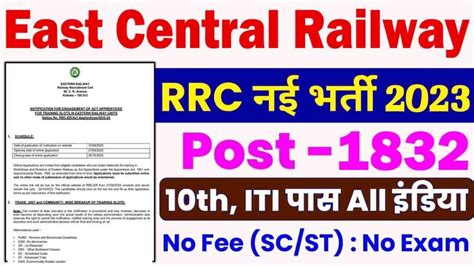 RRC ECR Apprentice Online Form 2023 रलव म 1832 Apprentices पद पर