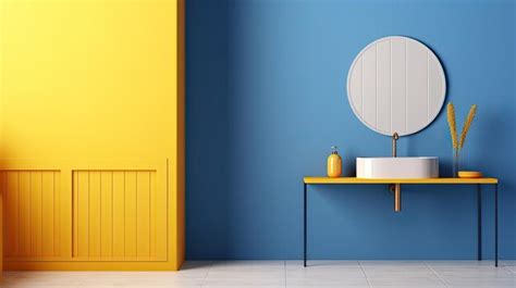 Premium AI Image | Blue and Yellow Bathroom With Round Mirror