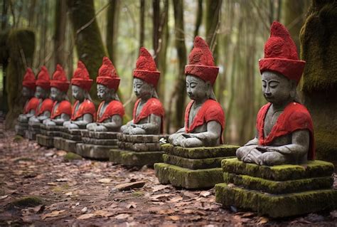 Estatuas De Buda De Piedra Con Sombreros Rojos Al Estilo De La