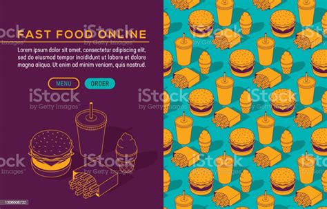 Fast Food Junk Meal Burger Soda Fries Isometric Seamless Pattern Brochure Template Stock