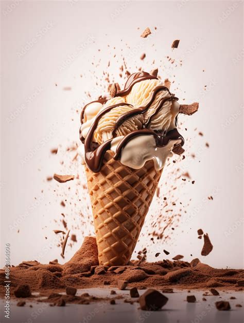 Vanilla Ice Cream Cone With Chocolate Drizzle And Exploding Powder