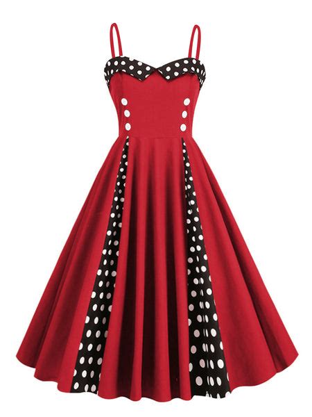 1950s Polka Dot Contrast Spaghetti Strap Dress Retro Stage