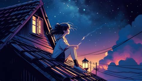 Lofi Anime Art Illustration Teenage Anime Character On Rooftop