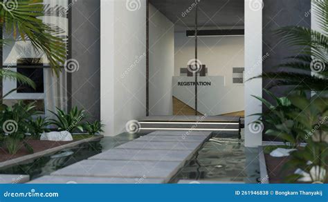 Modern Office Building Entrance Door With Garden Pond And Cement Path