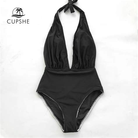 Cupshe Retro Black Self Tie Halter One Piece Swimsuit Women Deep V Neck