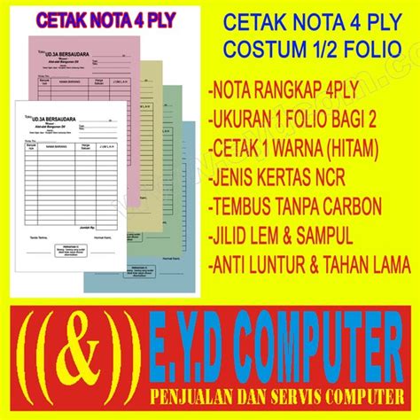 Jual CETAK NOTA 4 PLY 1 FOLIO BAGI 2 KERTAS NCR COSTUM ISI RANGKAP CEK