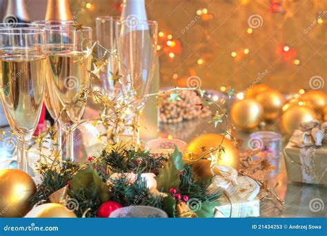 Champagne In Glassescandlesbaubles And Lights Stock Image Image Of