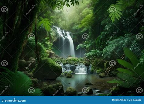 Beautiful Waterfall In Tropical Rainforest Nature Landscape Background