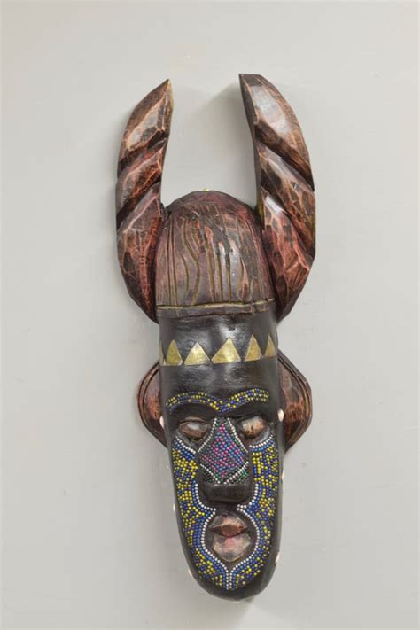 African Mask Ashanti Horned Wood Brass Blue Yellow Beaded Mask Ghana