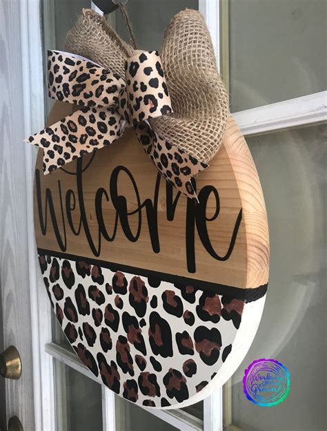 Cheetah Print Welcome Round Wooden Door Hanger Front Door Etsy Canada