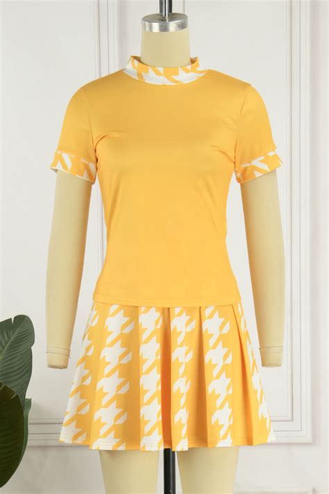 Wholesale Yellow Casual Print Patchwork O Neck Short Sleeve Two Pieces