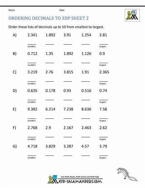 Comparing Decimals Worksheet Th Grade