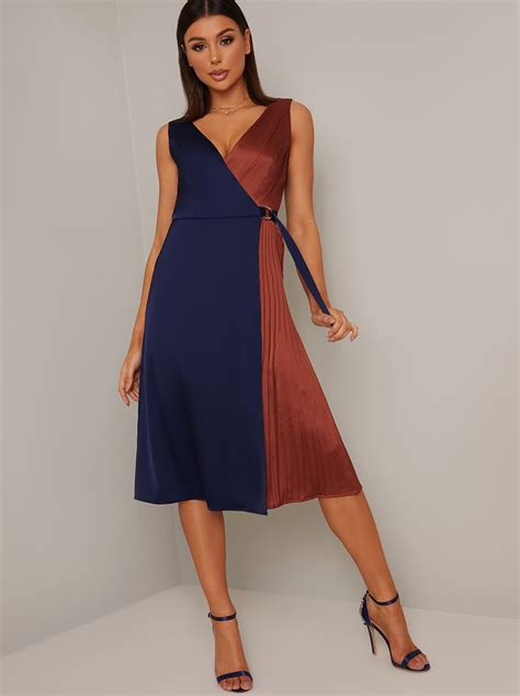 Colour Block Wrap Design Pleat Midi Dress In Multi Chichiclothing