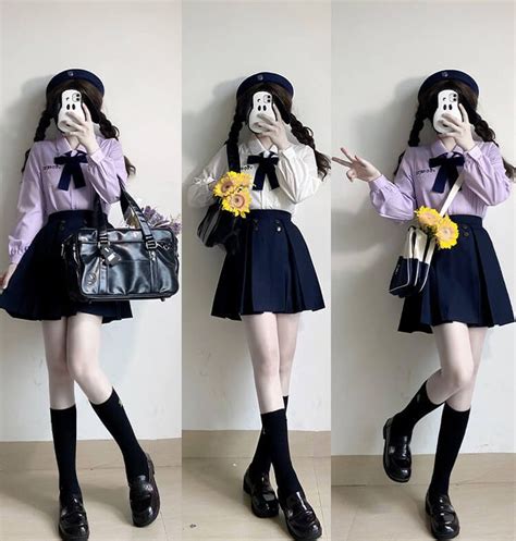 [Purple White Navy] kawaii girl school uniform set | White short sleeve ...