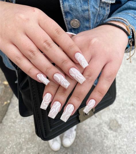 Nude Nails With White Details White Swirl Coffin Nails I Take You