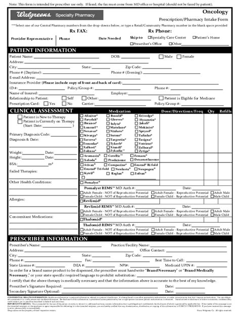 Fillable Online Walgreens Oncology Rxpharmacy Intake Form Fax Email