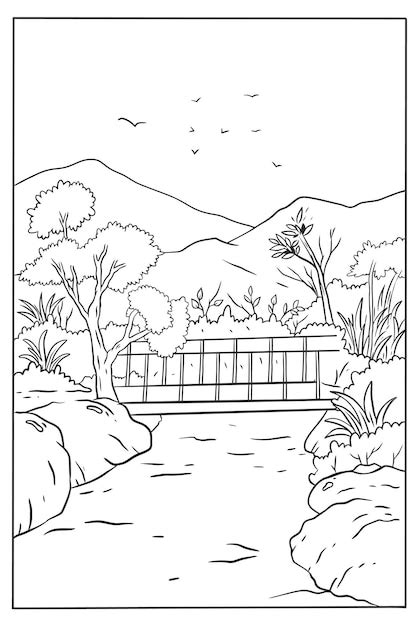 Dibujo para colorear de un río con un puente y montañas al fondo