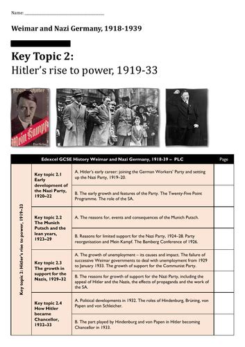 Edexcel 9 1 Weimar And Nazi Germany Kt2 Hitlers Rise To Power Workbook