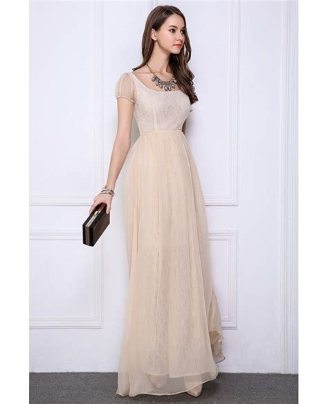 Champagne Elegant High Waist Chiffon Lace Long Evening Dress With Cape