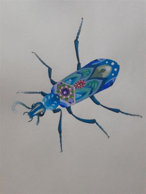 a blue bug with colorful designs on it's body and legs, sitting in the sky