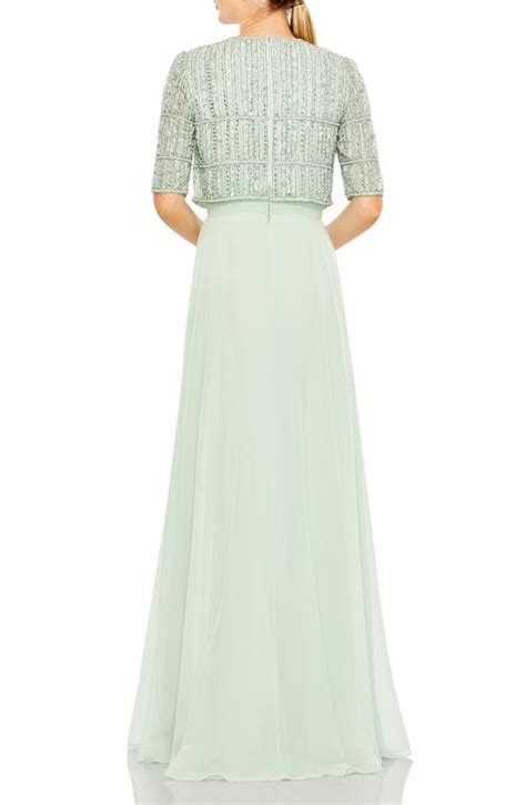 Mac Duggal Fully Beaded Bodice Chiffon Gown In Sage Modesens