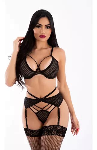 Lingerie Sexy Completo Renda Luxo Sensual Strapps Meias